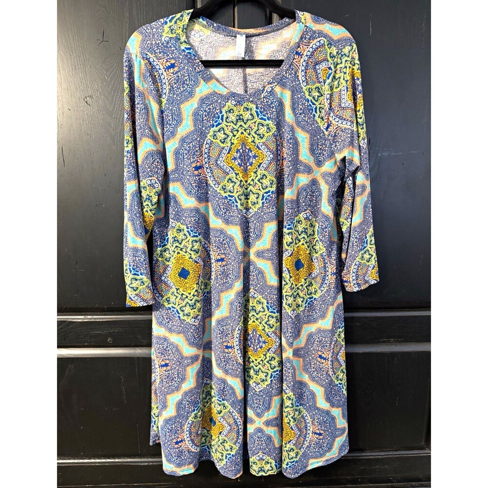 Paisley Grace Women's XL Blue Yellow Green Paisley Knit Shift Dress 3/4 Sleeve